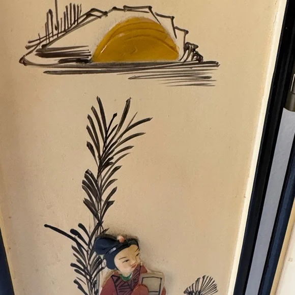 Vintage Asian Folding Screen with raised stone with inlay Asian ladies - Picture 10 of 14